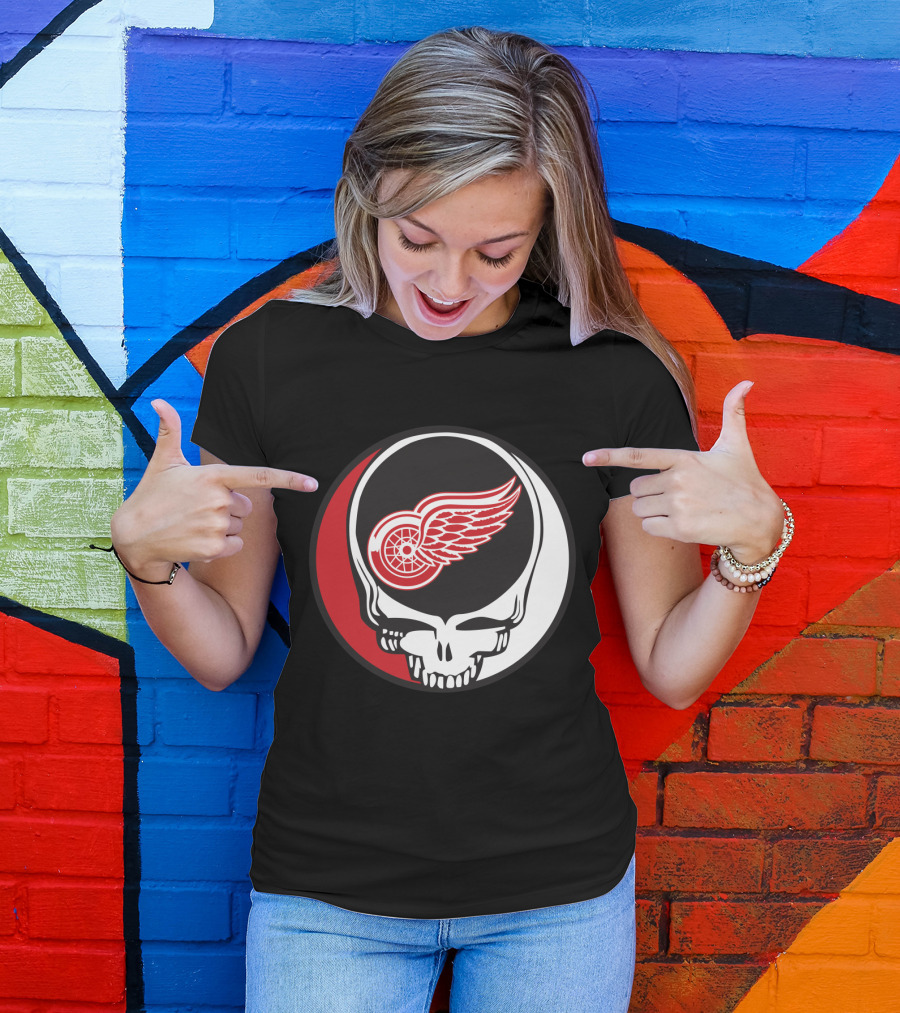 Grateful Dead Skull With Detroit Red Wings Logo For Fans T-Shirt