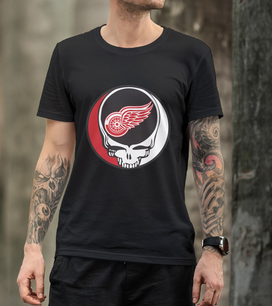 Grateful Dead Skull With Detroit Red Wings Logo For Fans T-Shirt