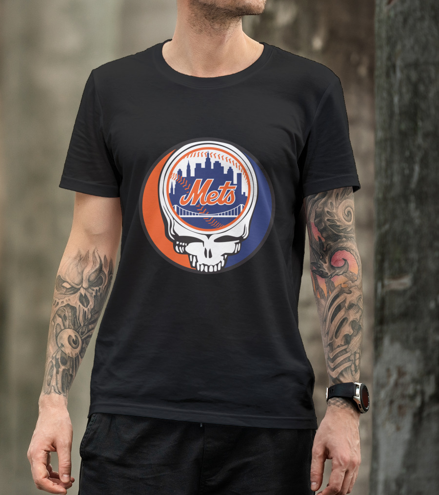 Skull Logo Blending New York Mets Skyline With Grateful Dead T-Shirt