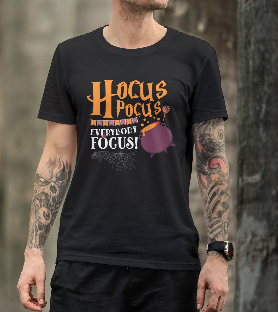 Hocus Pocus Everybody Focus Cauldron Banner Lollipop Spiderweb Halloween T-Shirt