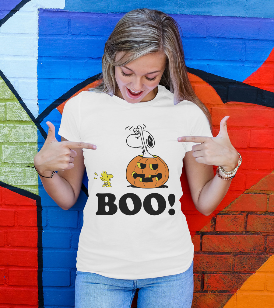 Peanuts Halloween Snoopy And Woodstock In Pumpkin BOO T-Shirt
