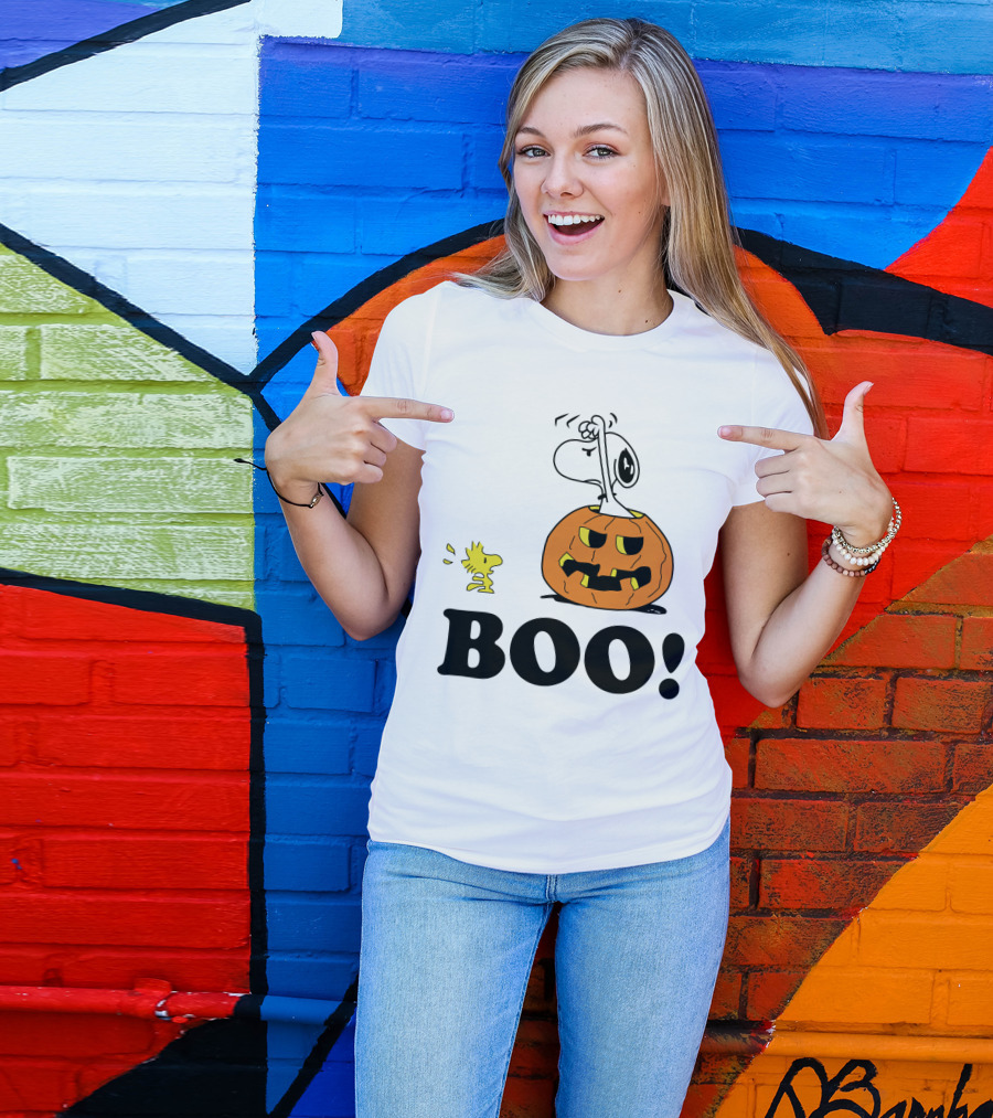 Peanuts Halloween Snoopy And Woodstock In Pumpkin BOO T-Shirt