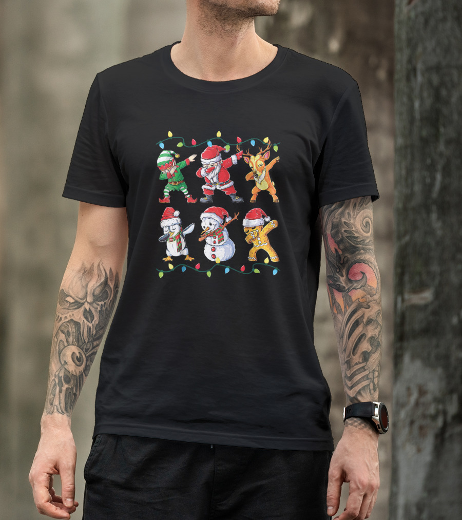 Santa Elf Snowman Penguin Reindeer Gingerbread Dabbing Christmas Lights T-Shirt