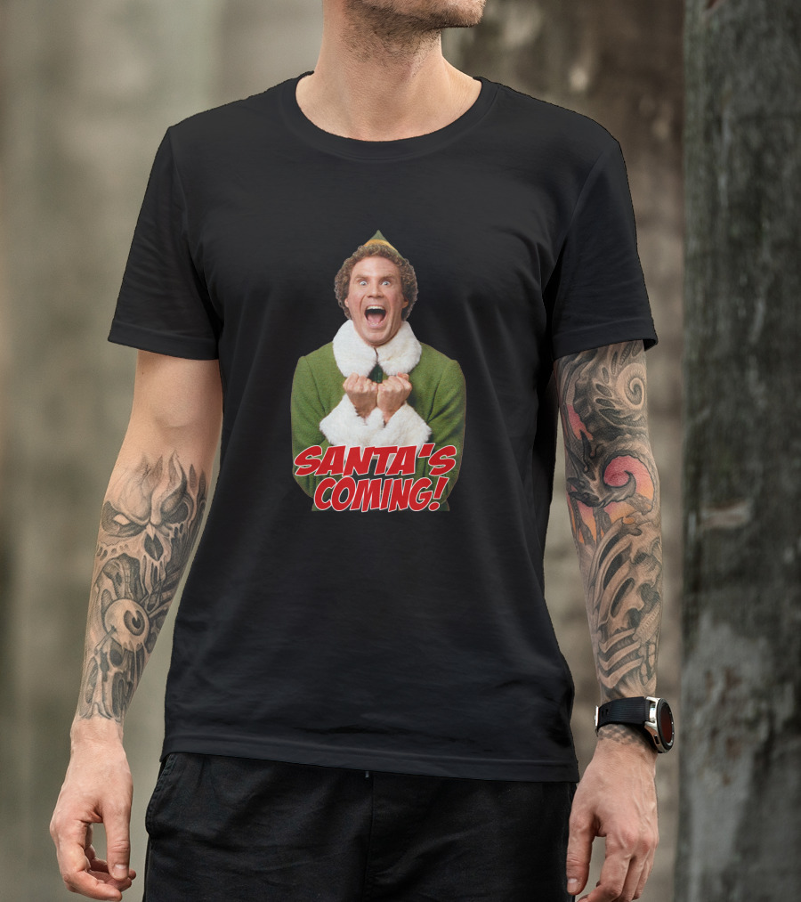Santa's Coming Excited Elf Green Holiday T-Shirt