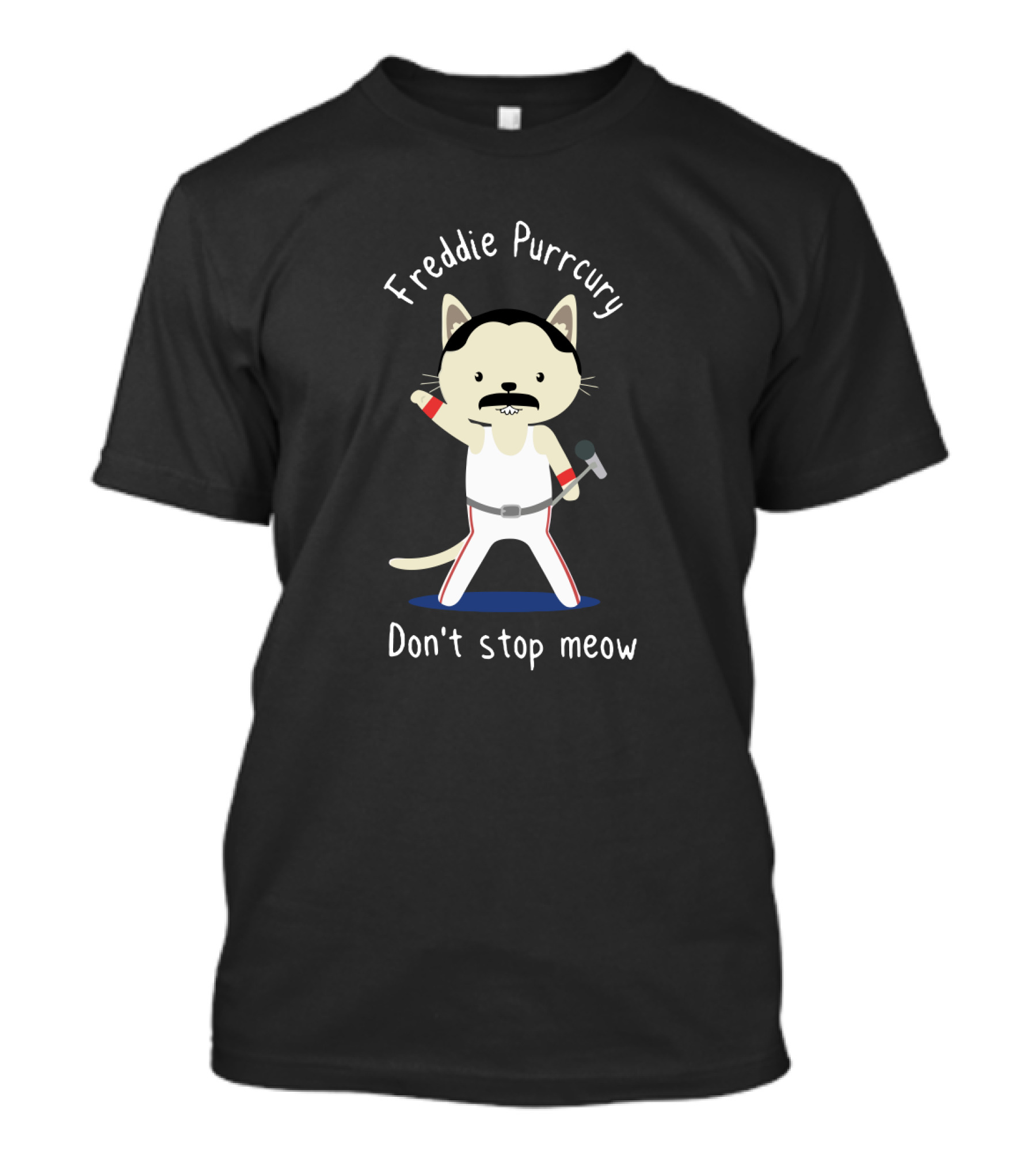 Freddie Purrcury Don't Stop Meow Illustration Of Cat With Microphone In Iconic White T-Shirt