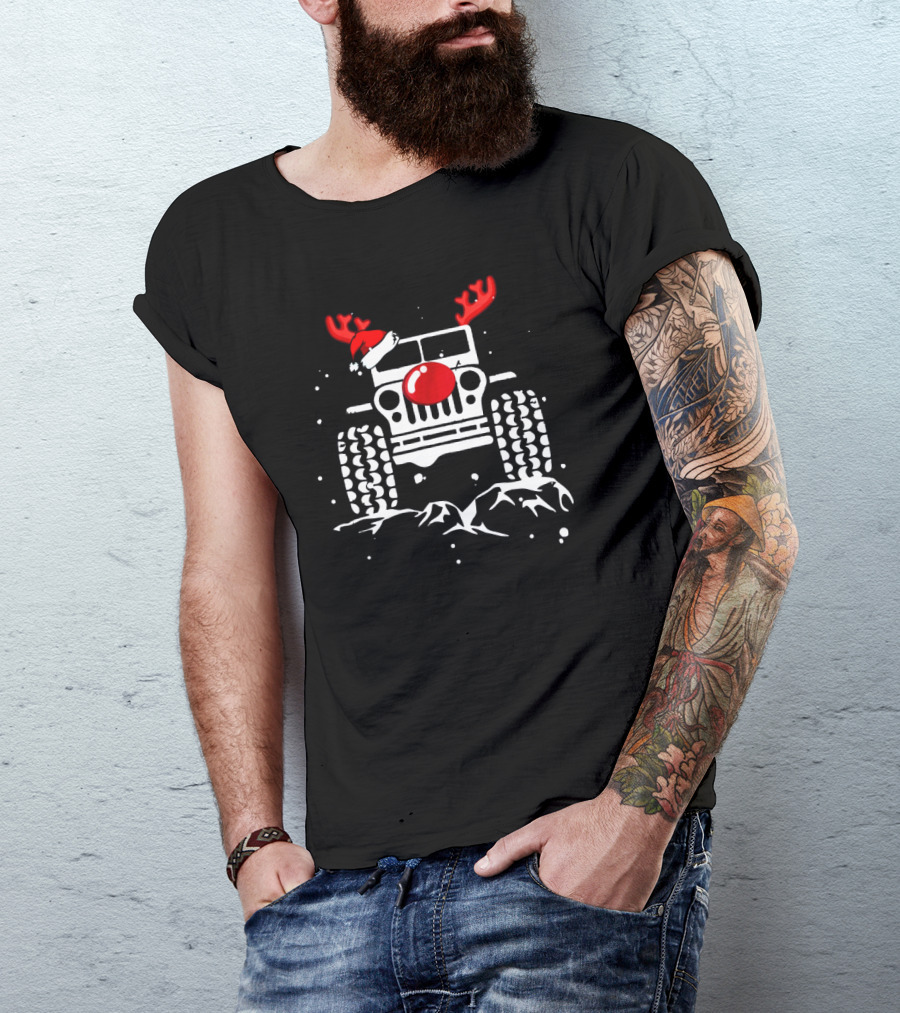 Jeep With Reindeer Antlers Santa Hat And Red Nose Christmas Holiday T-Shirt