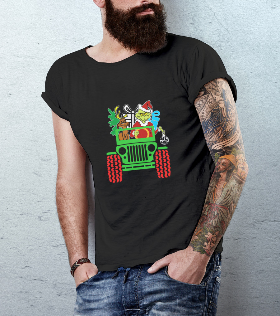 Be Kind Christmas Grinch And Dog In Jeep With Gifts T-Shirt