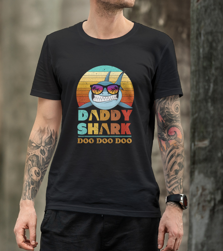 Daddy Shark Doo Doo Doo Retro Sunset Sunglasses Palms Colorful T-Shirt