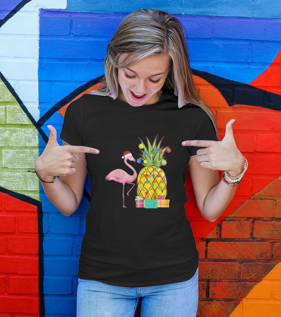 Santa Flamingo Christmas Pineapple With Colorful Ornaments And Holiday Gifts T-Shirt