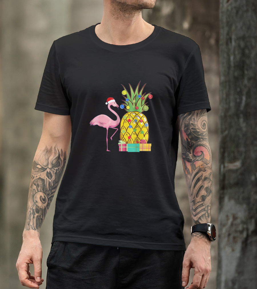 Santa Flamingo Christmas Pineapple With Colorful Ornaments And Holiday Gifts T-Shirt