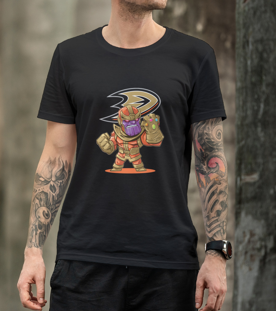 Anaheim Ducks Fans Unite With Thanos Character Featuring Iconic Gauntlet And Infinity Stones Styling T-Shirt