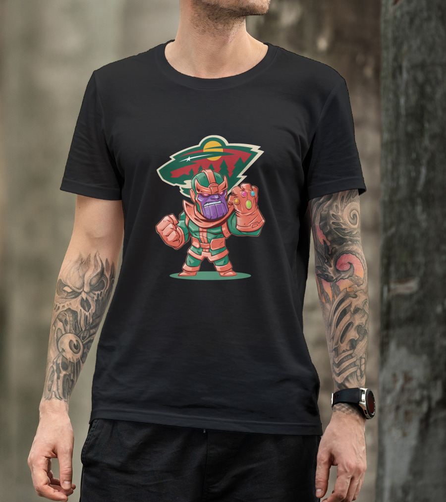 Thanos Cartoon With Infinity Gauntlet And Minnesota Wild Logo Background T-Shirt