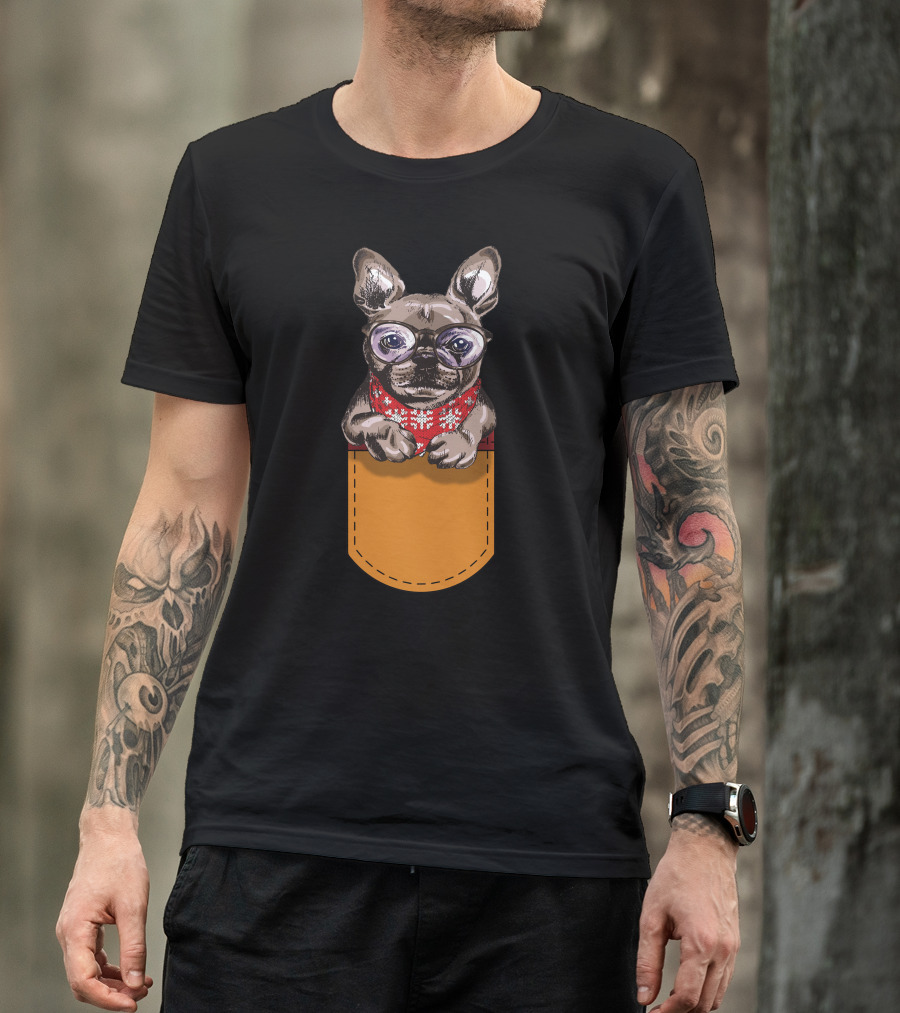 Cool Frenchie France Bulldog In Glasses With Red Scarf In Pocket T-Shirt