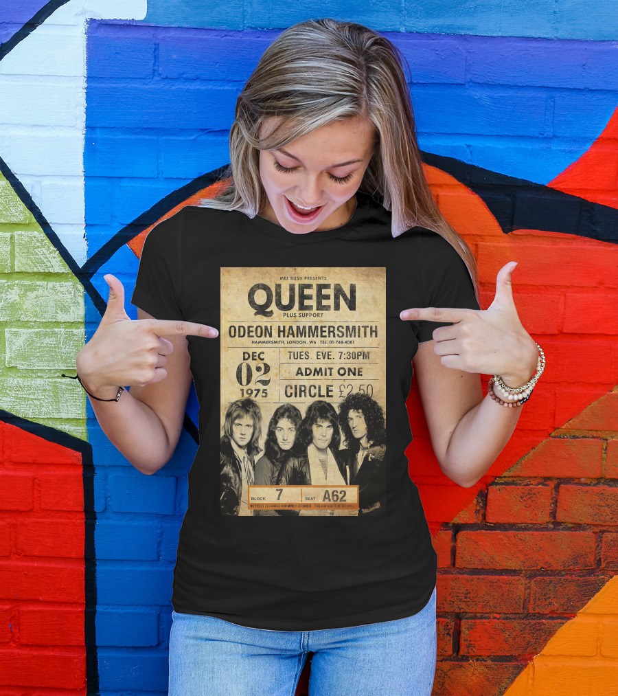 Queen Concert Odeon Hammersmith Dec 02 1975 Admit One Circle 7:30PM Block 7 Seat A62 T-Shirt