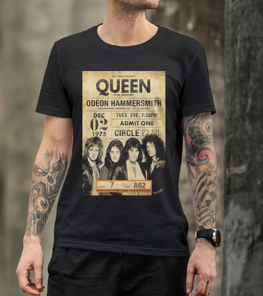 Queen Concert Odeon Hammersmith Dec 02 1975 Admit One Circle 7:30PM Block 7 Seat A62 T-Shirt