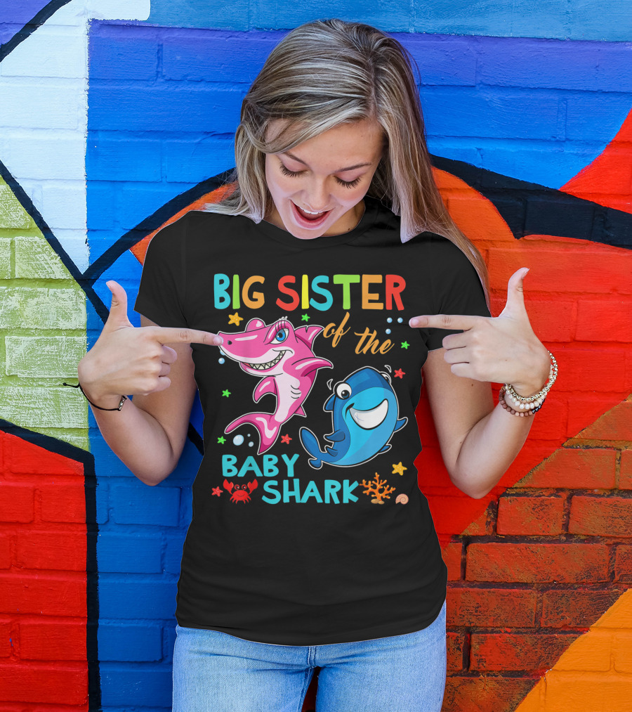 Big Sister Of The Baby Shark With Colorful Cartoon Characters And Sea Creatures T-Shirt