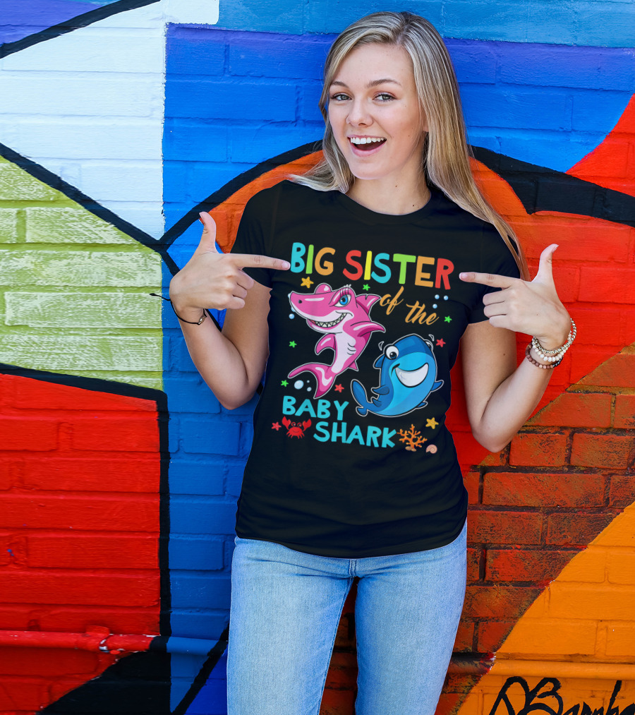 Big Sister Of The Baby Shark With Colorful Cartoon Characters And Sea Creatures T-Shirt