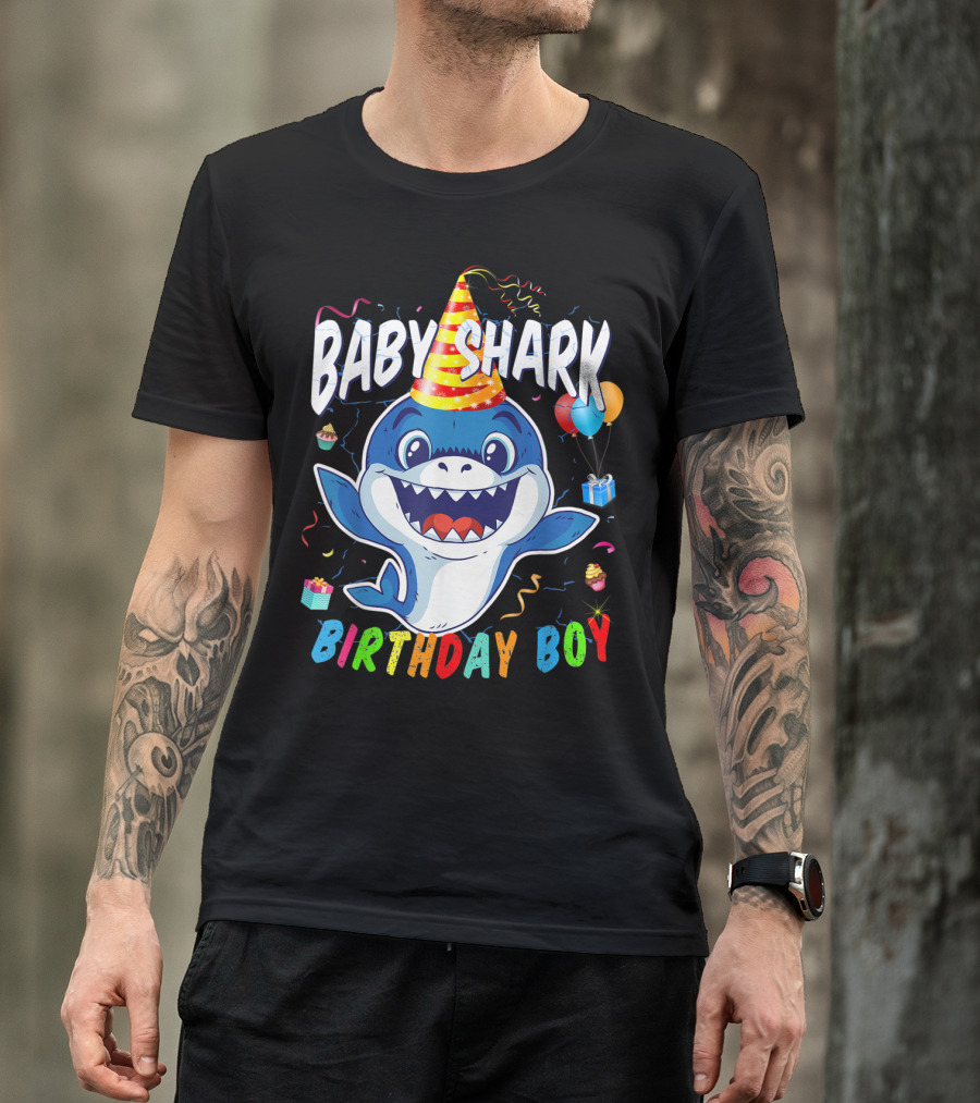 Baby Shark Birthday Boy Celebration With Party Hat And Balloons T-Shirt