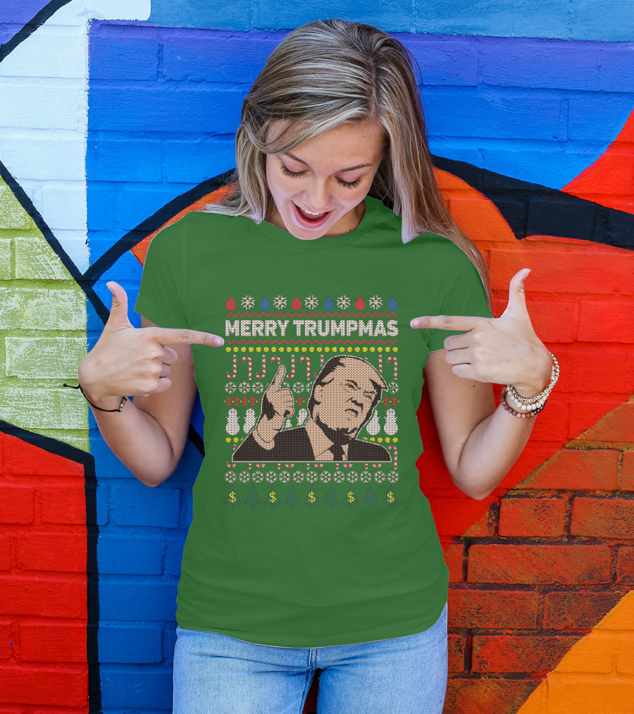 Merry Trumpmas Ugly Christmas Sweater Pattern With Donald Trump And Holiday Symbols T-Shirt
