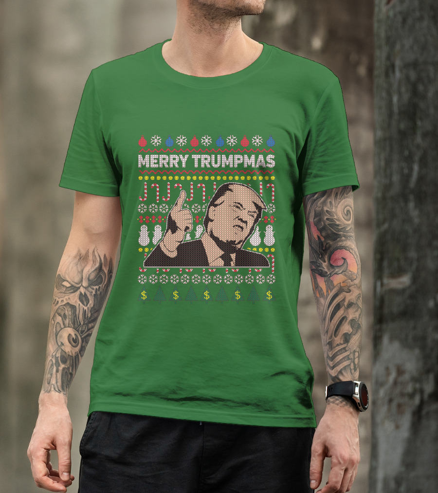 Merry Trumpmas Ugly Christmas Sweater Pattern With Donald Trump And Holiday Symbols T-Shirt