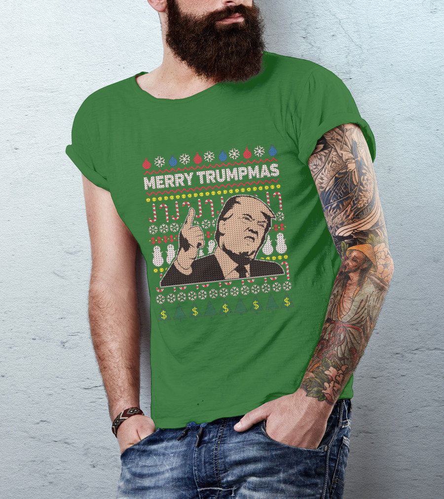 Merry Trumpmas Ugly Christmas Sweater Pattern With Donald Trump And Holiday Symbols T-Shirt