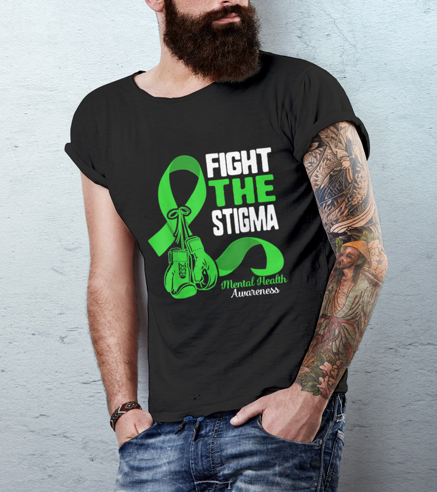 Fight The Stigma Mental Health Awareness Green Ribbon Boxing Gloves T-Shirt