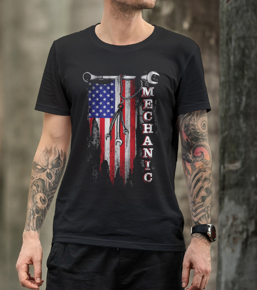 Mechanic American Flag Wrenches Chains USA T-Shirt