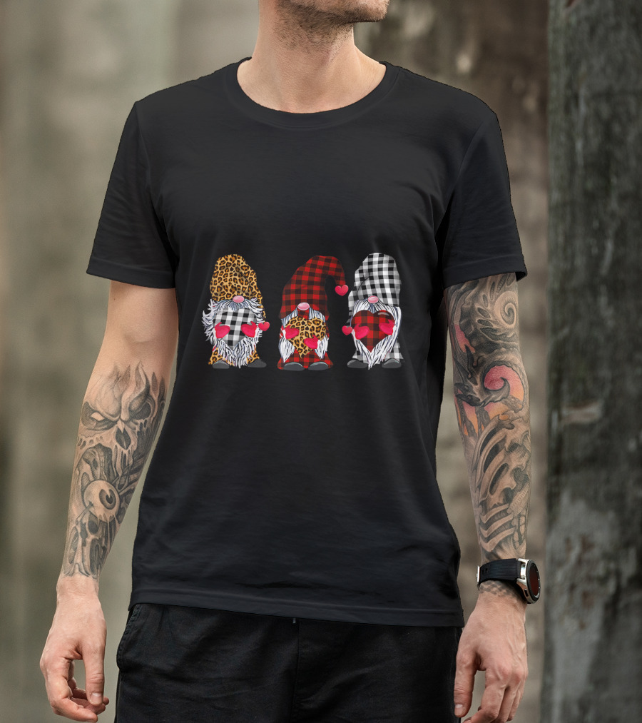 Three Gnomes Leopard Buffalo Plaid Hearts Valentines T-Shirt