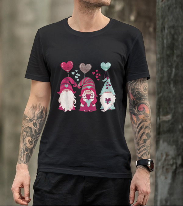 Three Gnomes With Heart Balloons Valentines T-Shirt