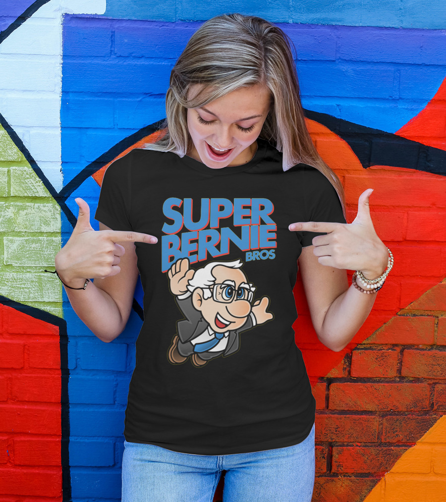 Super Bernie Bros Flying Cartoon Character In Blue Suit And Glasses Iconic T-Shirt