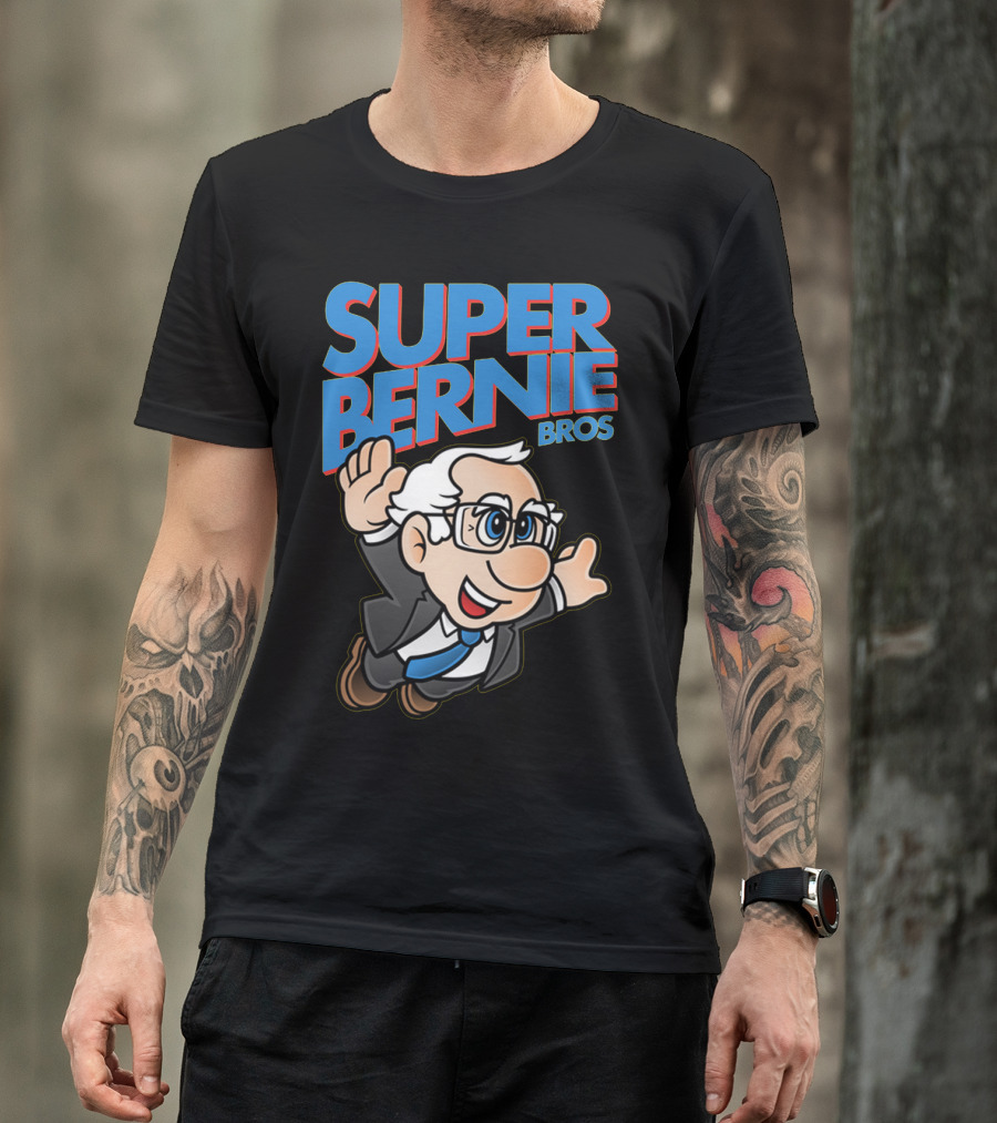 Super Bernie Bros Flying Cartoon Character In Blue Suit And Glasses Iconic T-Shirt
