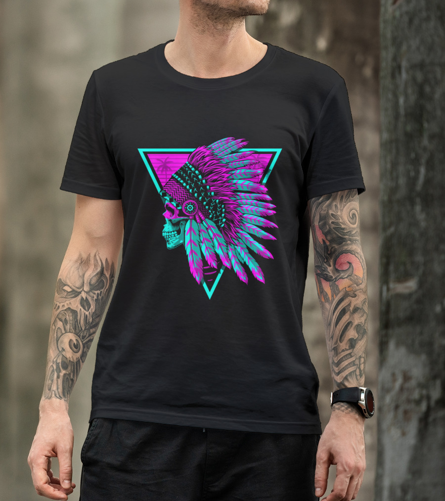 Retro Neon Skull With Headdress In Triangle Frame T-Shirt
