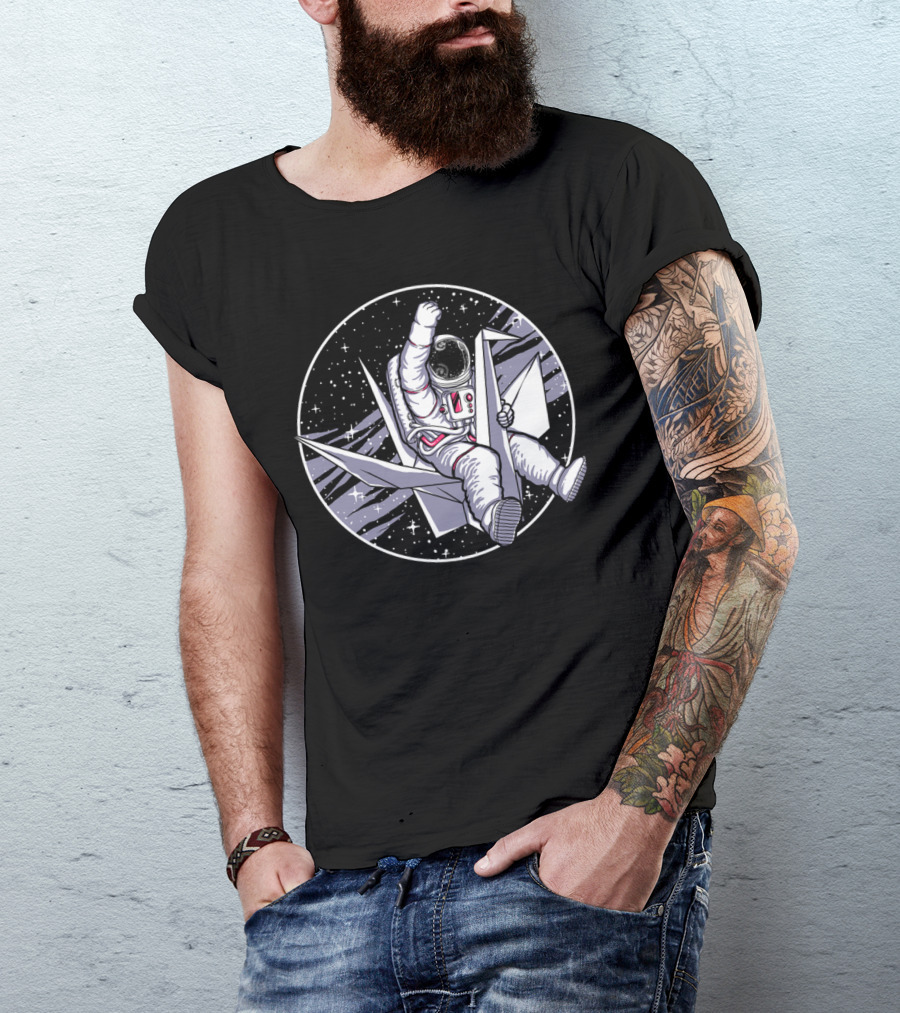 Astronaut Riding Origami Crane In Space Scene T-Shirt