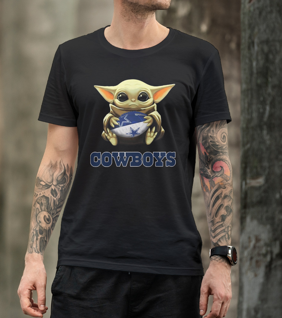 Cowboys Baby Yoda Holding Football Star Wars Crossover T-Shirt