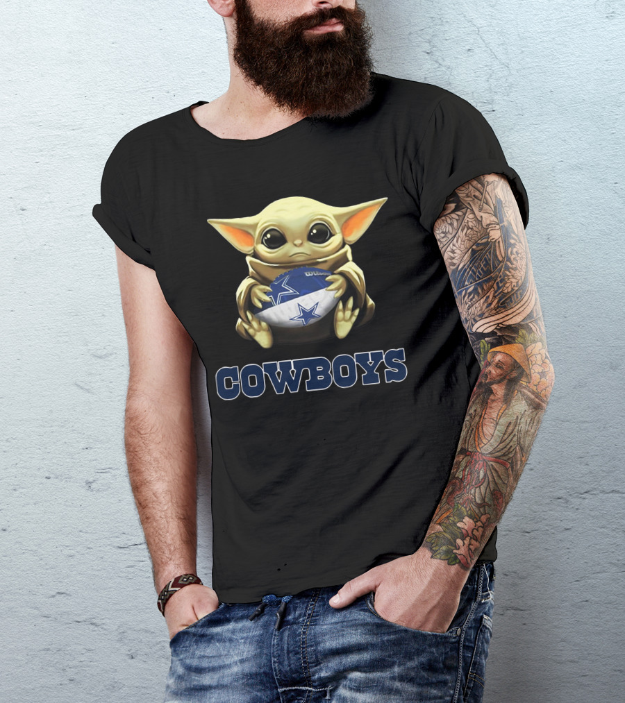 Cowboys Baby Yoda Holding Football Star Wars Crossover T-Shirt