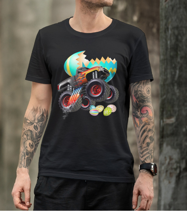 Monster Truck Cracking Colorful Easter Eggs Explosion T-Shirt