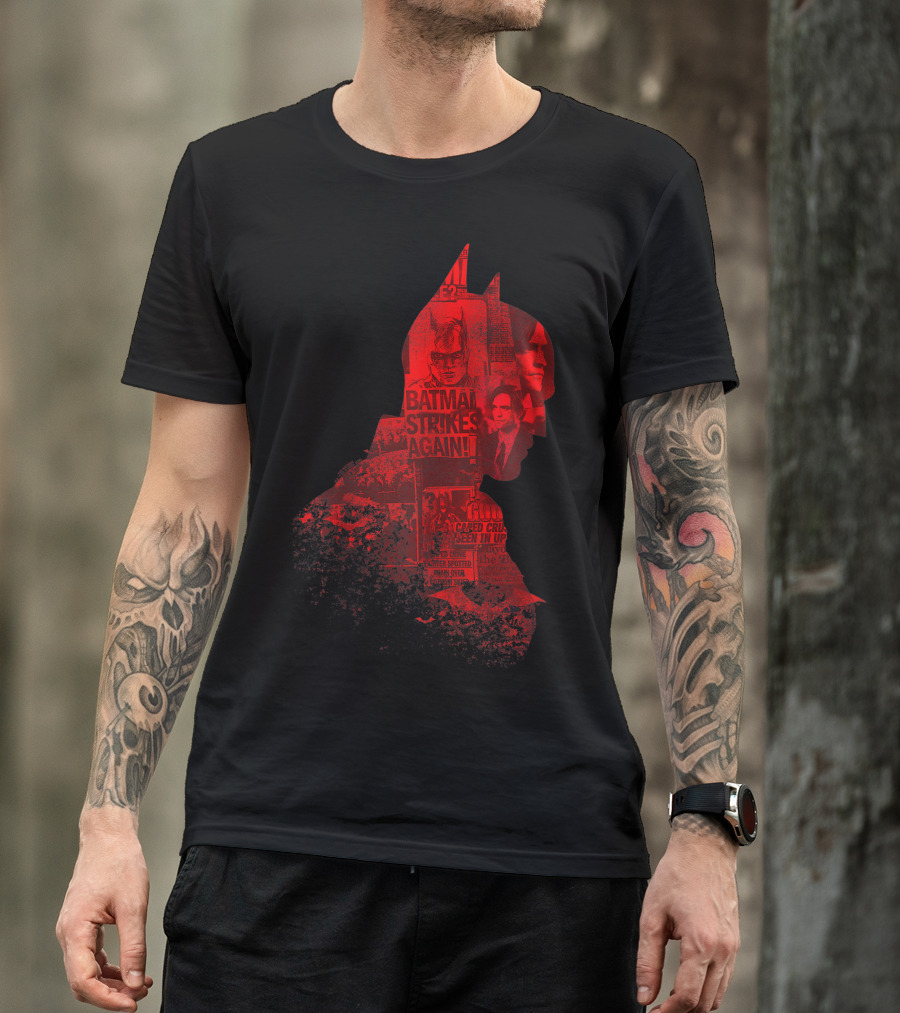 Batman Strikes Again Silhouette Collage Newspaper Headlines T-Shirt