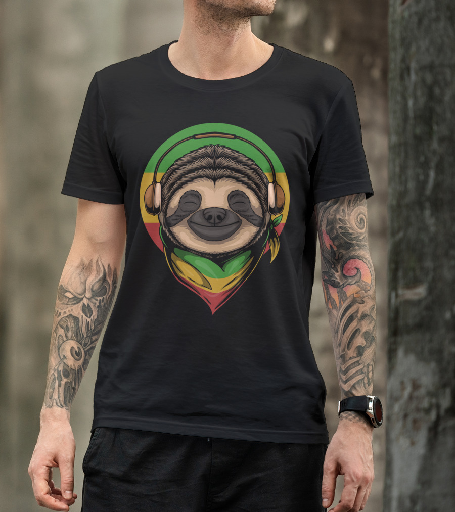 Sloth Rasta Headphones Rasta Colors T-Shirt