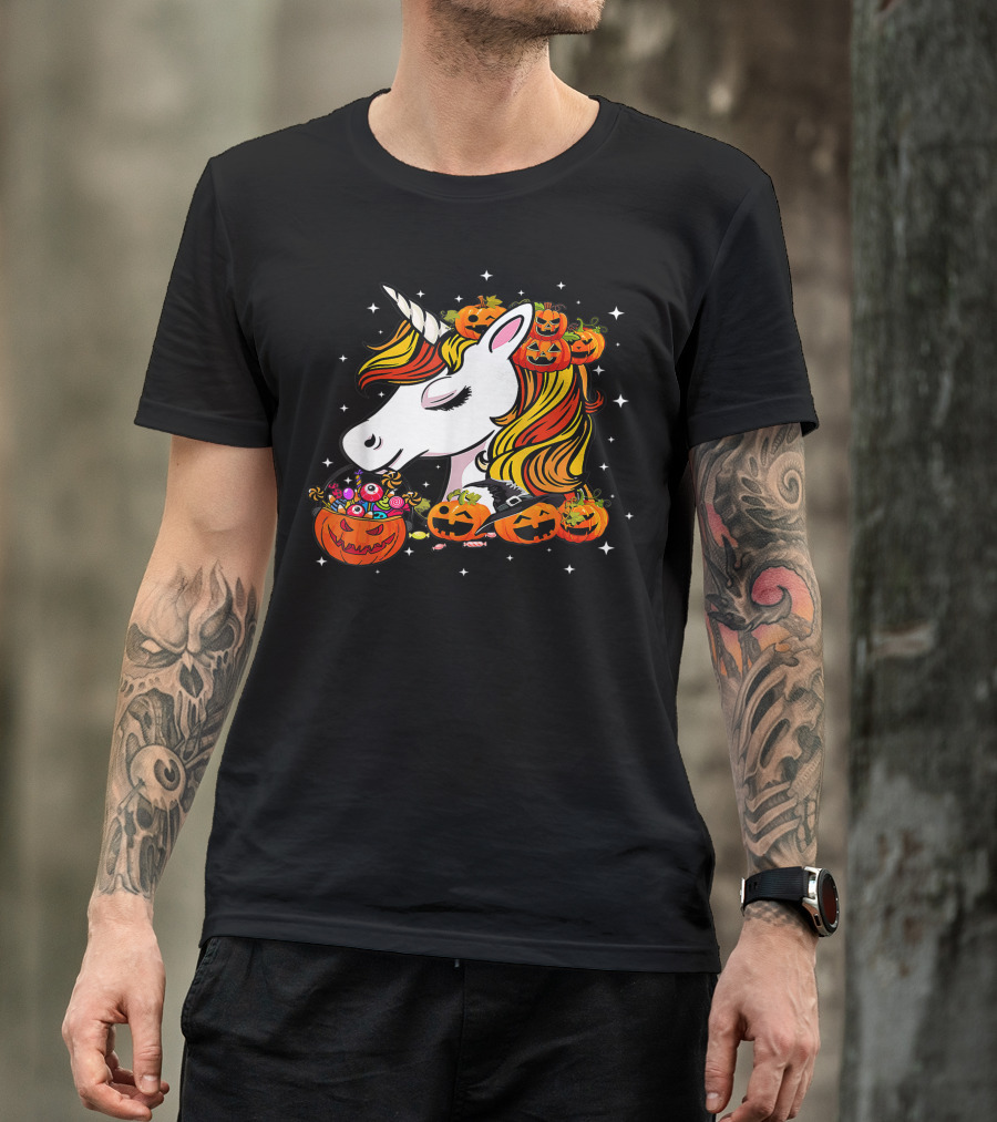 Candy Corn Unicorn Surrounded By Jack-O-Lanterns And Candy-Eyed Treats Halloween T-Shirt