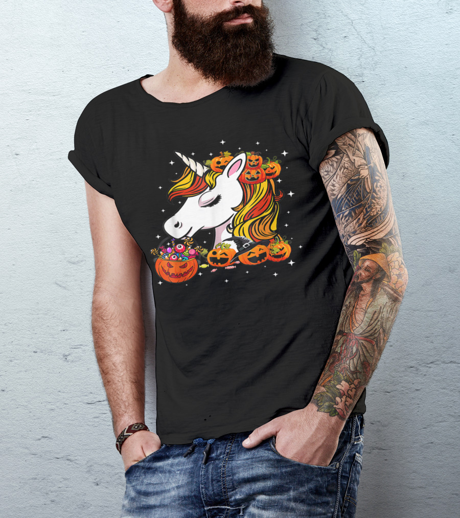 Candy Corn Unicorn Surrounded By Jack-O-Lanterns And Candy-Eyed Treats Halloween T-Shirt