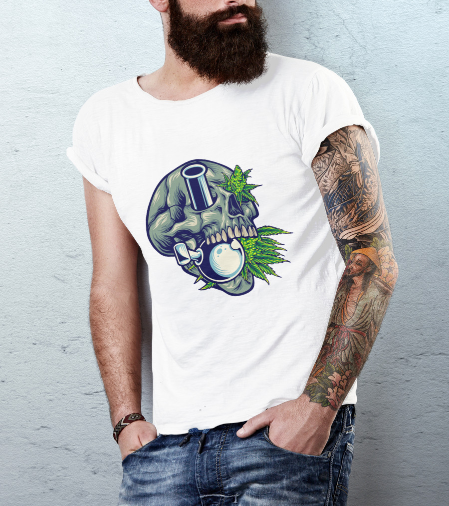 Stone Skull Cannabis Bong With Leaf Accents T-Shirt