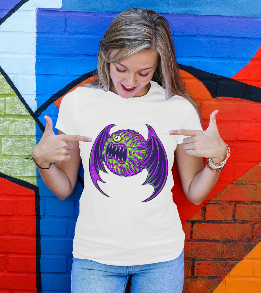 Scary Bat Zombie Monster With Glowing Green And Purple Wings T-Shirt