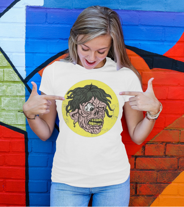 Rebel Zombie Grinning Undead Head With Cross Earring On Yellow Circle T-Shirt