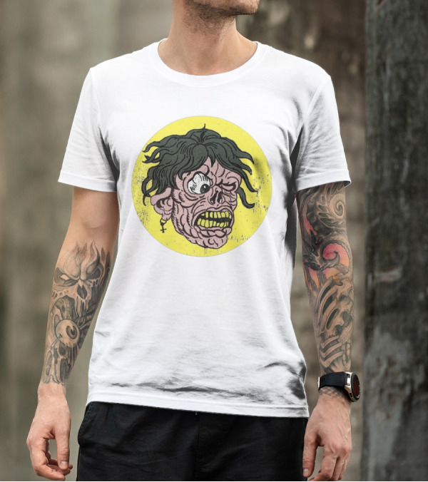 Rebel Zombie Grinning Undead Head With Cross Earring On Yellow Circle T-Shirt