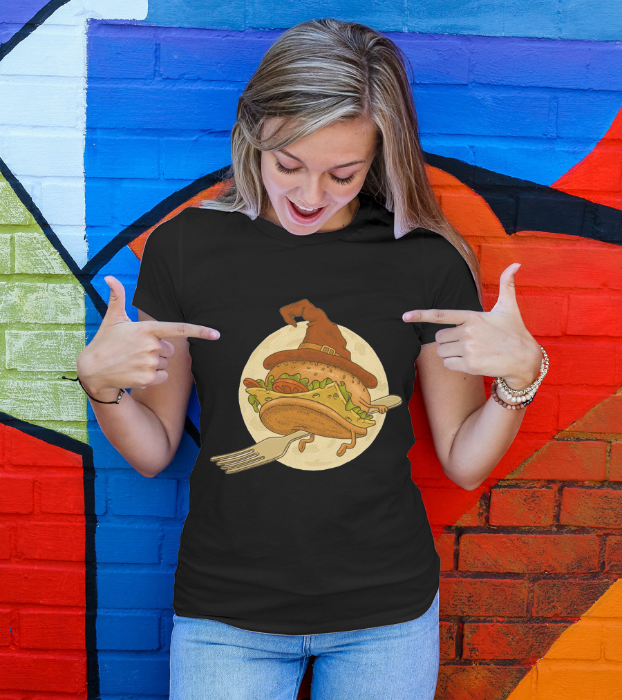 Hamburger With Witch Hat Riding A Fork In Front Of Full Moon T-Shirt