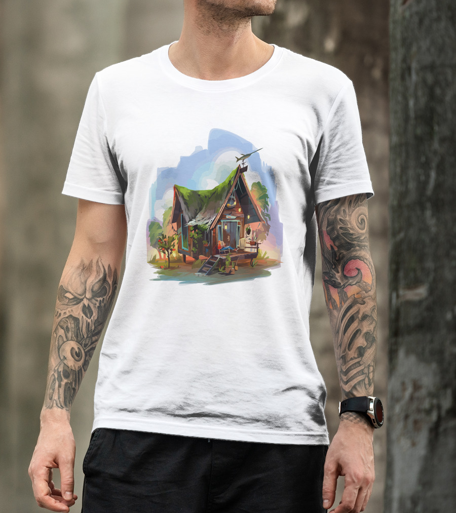 Dream House With Grass Roof And Airplane Sky Scene T-Shirt