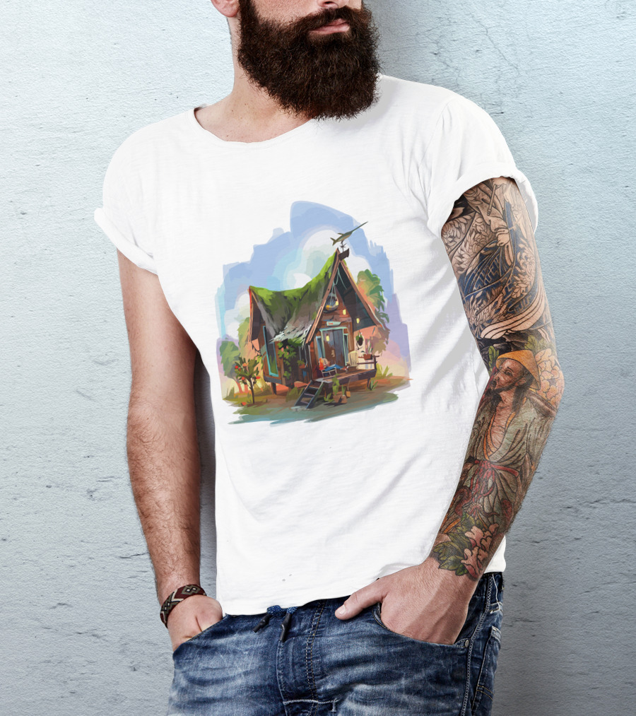 Dream House With Grass Roof And Airplane Sky Scene T-Shirt