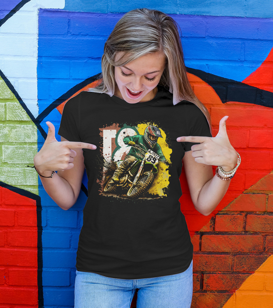 Motocross Racer Dynamic Action With Number 83 And Splatter Background T-Shirt