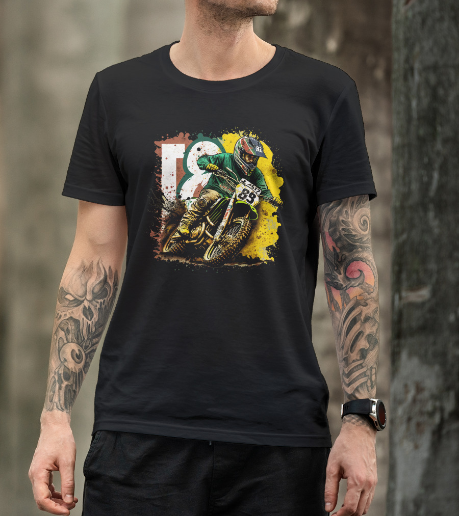 Motocross Racer Dynamic Action With Number 83 And Splatter Background T-Shirt