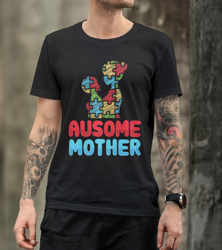 Ausome Mother Colorful Puzzle Piece Autism Awareness T-Shirt